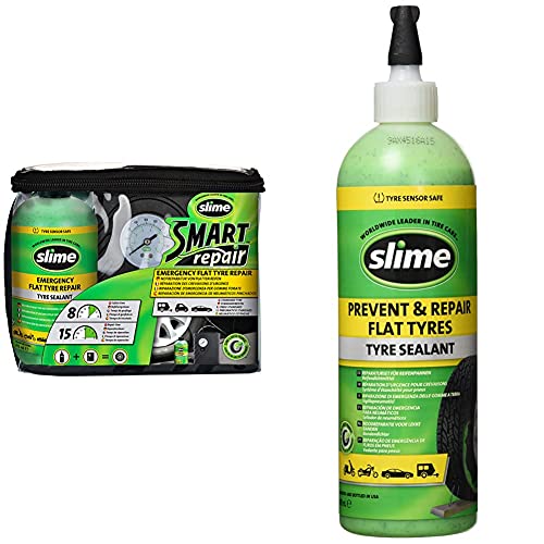 Slime Crk0305 Kit De Reparación De Pinchazos Inteligente, Incluye Sellador Y Bomba De Aire + Sds-500/06-In Sellante De Reparación De Pinchazos, Reparación De Emergencia, Apto para Coches