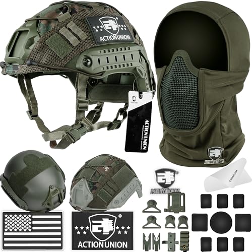 ACTIONUNION Airsoft Helmet and Mask Set Tactical Paintball Helmet and Balaclava Mesh Mask MH Type (OD Large)