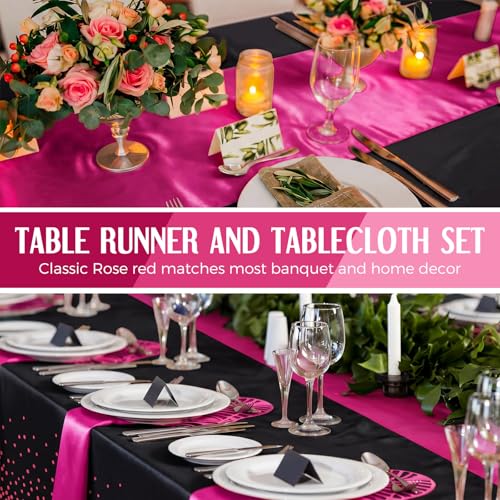 Image of Breling 12 Pack Black and Hot Pink Disposable Plastic Tablecloths and Satin Table Runner Set, 54 x 108 Inch Tablecloth, 12 x 108 Inch Table Runners for Wedding Graduation Birthday Baby Shower