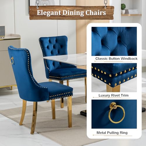 Image of 5-Piece Round Dining Table Set for 4, Luxury Faux Marble Kitchen Table Set for 4 with Blue Velvet Chairs, 45 inch Circle Dining Room Tables with White Marble Top and Gold Stainless Steel Cross Legs