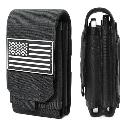 Tactical Molle EDC Phone Pouch Universal Dual Mobile Phone Holster Holder with US Flag Patch (Black)