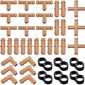 Drip Irrigation Fittings Kit for 1/2 inch Tube (0.600”ID), 38 Pieces Drip Irrigation Parts 1/2″ Drip Line Connectors – 14 Couplings, 9 Tees, 6 Elbows, 6 End Caps, 3 Cross Connectors