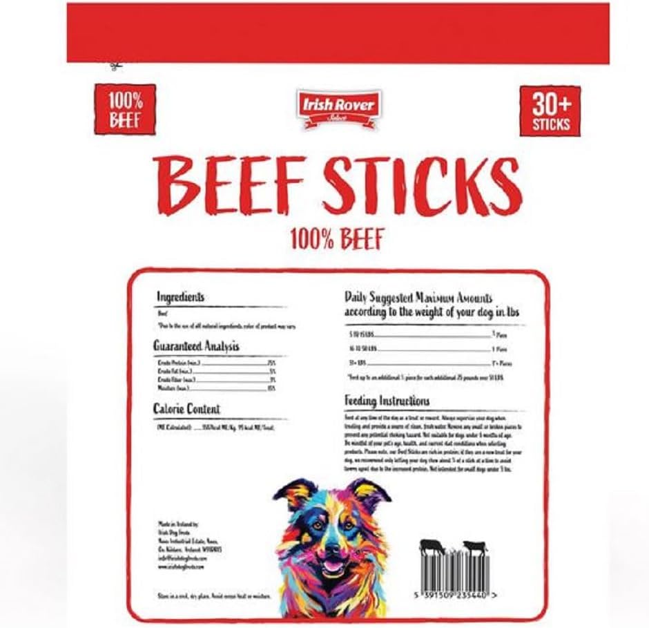 Irish Rover Beef Stick Dog Treats 30ct, 35 OZ, 2.2 LB (1KG), No Artificial Colors, Flavors or preservatives