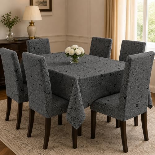 Image of Polycotton Printed Dining Table Cloth with Dining Chair Covers,Slipcovers (6 Seater Table Cover + 6 Chair Cover) (Grey Butterfly)