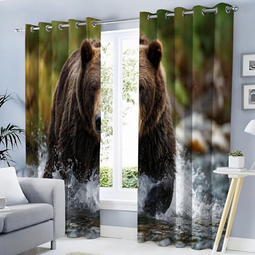 Rideau occultant ours pêcheur brun 140x200cm lot de 2 à oeillets