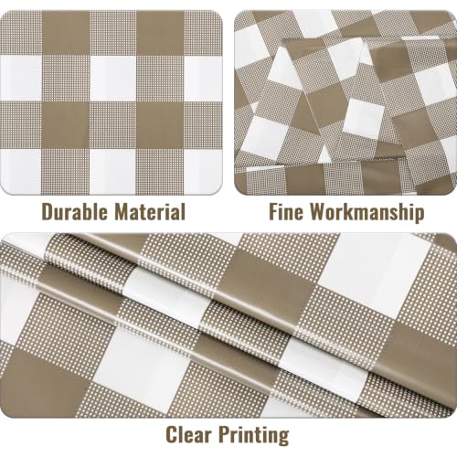 Image of Kesfey Khaki Gingham Tablecloth Fall Brown Checkered Table Cover 3 Packs | 54 x 108 Inches,Khaki Plastic Plaid Tablecloth,Waterproof Rectangle, Disposable Khaki and White Picnic Birthday Table Covers