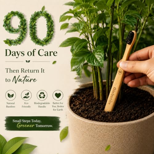 Image of Eco Friendly Bamboo Toothbrush for Adults Pack of 4 Soft Bristle Charcoal Plastic Free Sustainable Organic brush for Natural Oral Care