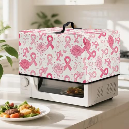 Image of Dustproof Microwave Oven Cover Breast Cancer Awareness Toaster Oven Cover Protector for Kitchen Countertop, L, Pink Ribbon Rose Butterfly Cream White