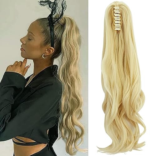 FXYTK Claw on Ponytail Clip in Ponytail Hair Extensions Hair Piece Clip on Pony Tail Hair Extension Claw Jaw Ponytail Extensions 18" Curly Bleach Blonde