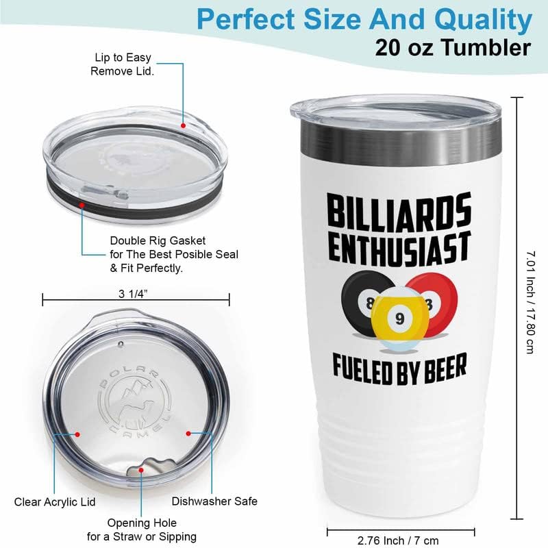 Billiards White Tumbler 20oz - Billiards enthusiast fueled - Pool Player Gifts Table Rail Balls Chalk Cue Sticks