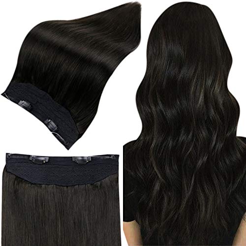 Full Shine Halo Hair Extensions Real Human Hair 1B Off Black Invisible Hair Extensions 12 Inch Hidden Crown Extensions Straight Brazilian Hair Transparent Fish Line