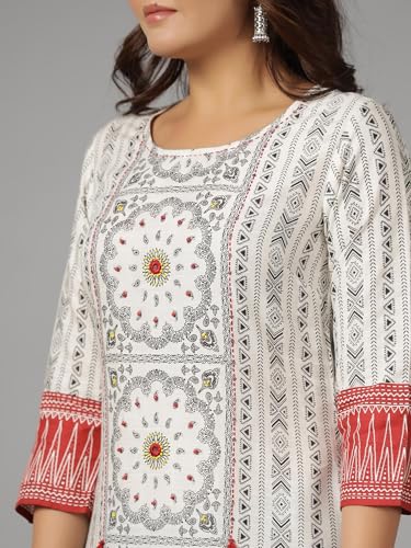 Image of Juniper White Ethnic Motif Printed Rayon Slub Kurta with Beads & Sequins