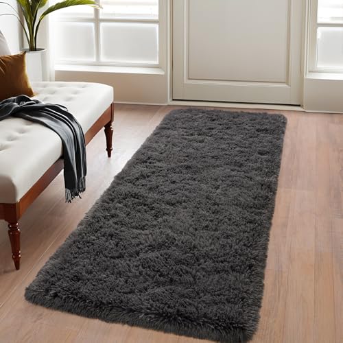 BSGIFT Hochflor Teppich 80x150 Anthrazit Flauschig, Shaggy Langflor Teppich Läufer rutschfest für Schlafzimmer Bettvorleger Wohnzimmer, Modern Kuschelteppich High-Pile Carpet Wohnzimmerteppich