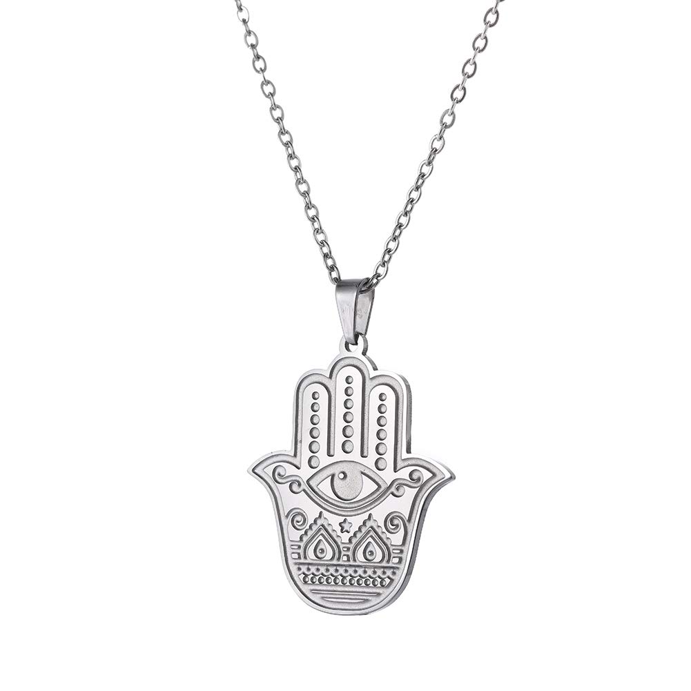 Collana Donna Mano Di Fatima Con Occhio Malocchio - Portafortuna In Acciaio Inox 316L - Amuleto Hamsa