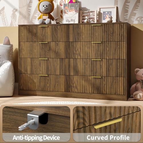 Image of Fluted 8 Drawer Double Dresser Wood,55 inch Wide Bedroom Dresser Mid Century Chest of Drawers Wooden with Gold Handle,Dressers TV Stand for Bedroom,Living Room,Walnut