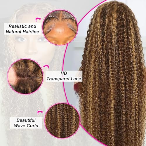 Image of 20 Inch Highlight Ombre Deep Wave Lace Front Wigs Human Hair 180% Density 4 /27 Colored Honey Blonde Human Hair Wig 13x6 HD Lace Front Wig Pre Plucked No Synthetic Blend No Tangle No Shedding