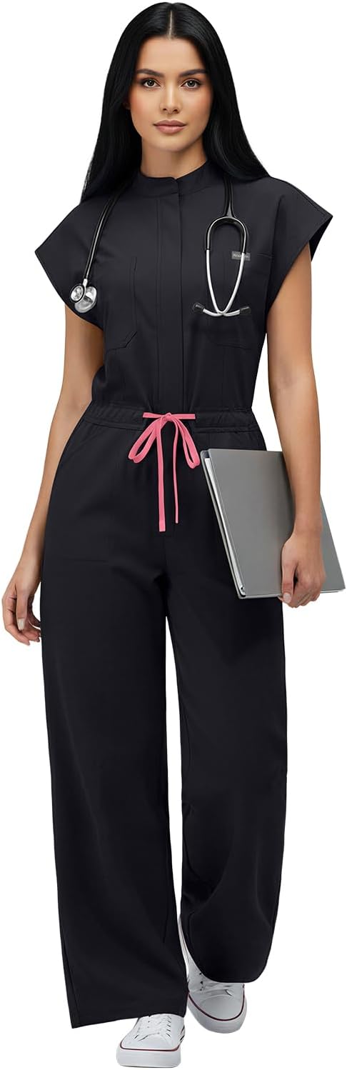 VIAOLI Women's Medical Scrub Jumpsuit - Mandarin Collar, with Drawstring Waist for Nursing Uniforms