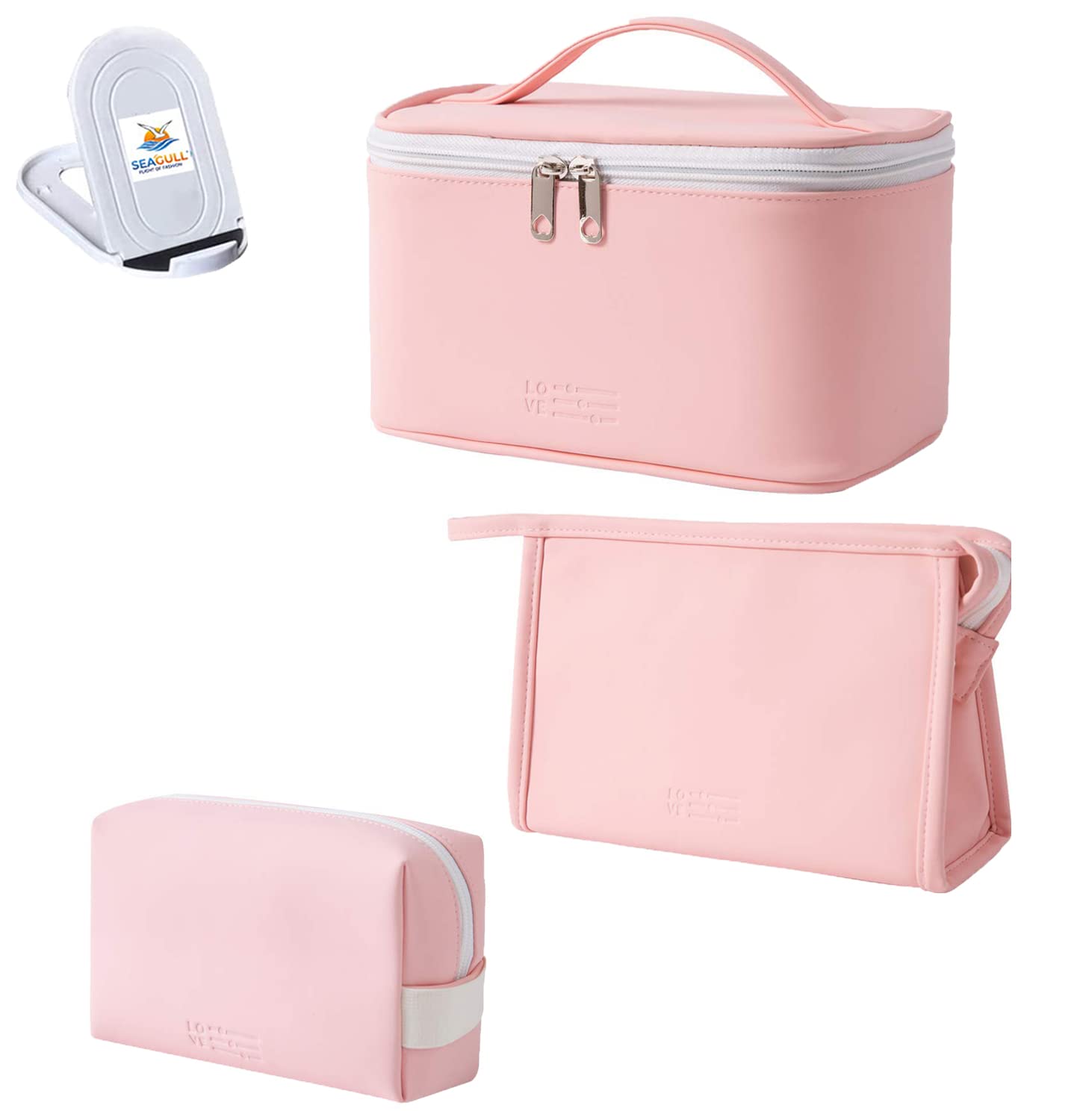 Seagull flight of fashionCosmetic Storage Pouch, Make up Bag for Home & Travel , Toiletry Bag for Cosmetics , Brushes , Accessories with Mobile Stand - Set of 3 Pouches - Rose Gold