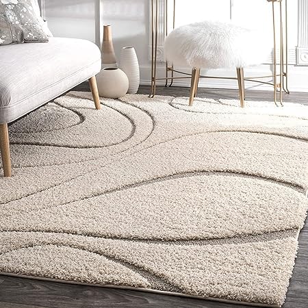 Image of Shaggy Rug for Bedroom Living Room 3X5 FEET Fluffy Plush Area Carpet with Non Slip Backing, Modern Cozy Floor Rug for Home Decor and Comfort (Ivory /Wave)