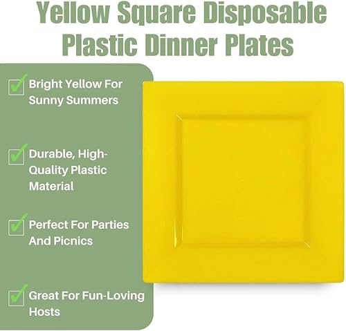 Miniatura 2 de Platos cuadrados de plástico amarillo (9.5 pulgadas), paquete de 10, vajilla elegante y resistente para bodas, cumpleaños y uso doméstico