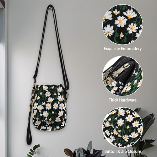 Goodhan Floral Embroidery Crossbody Bag, Mini Canvas Shoulder Bag Cellphone Purse Wristlet Pouch3
