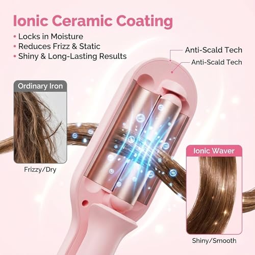 Image of 1&1.25 Inch Hair Crimper for Women - Curling Iron Waver Hair Tool to Adjustable Groove - Rizadora para Cabello - Anti-Scald Tech Hair Waver - Ionic Ceramic Coating for Long-Lasting,Fast Heating,Pink