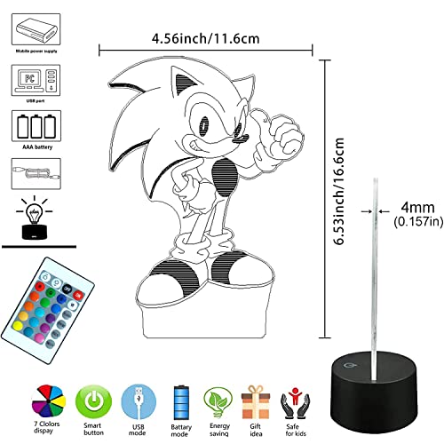 Lampada Sonic Hedgehog 3D Luce Notturna Bambini-16 Variazioni Di Colore/1 Telecomando/1 Base Nera/-Decorazione Camera Regali Creativi Anime Gadget Per Bambino Ragazzo Uomo Sonic Fans (Sonic Stand) - Image 3