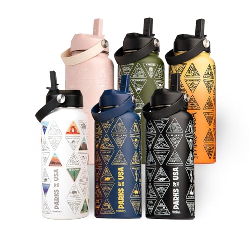 Image of Wondery USA National Parks Water Bottle With 63 Waterproof Stickers of Parks (USA), 32 oz Stainless Steel Water Bottle for Traveling, Hiking, Camping, National Park Gifts - BLACK