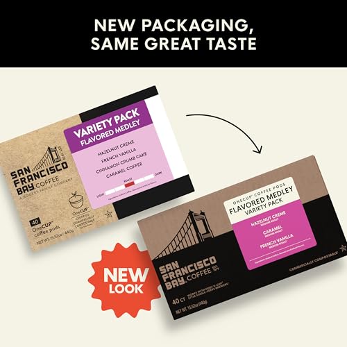 Image of San Francisco Bay K-Cup Coffee Pods Flavored Variety Pack (40 ct), Includes Hazelnut Creme, Caramel, & French Vanilla, Commercially Compostable Single-Serve Flavored Coffee Pods
