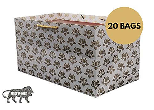 Image of Arrow Paper Products Rectangular Golden Lotus Printed Paper Gift Bags for Baby Shower Return Gift, Small Presents, Weddings, Birthday, Holiday Presents (Pack of 20, 34.29 x 19.05 x 17.78 Cm)