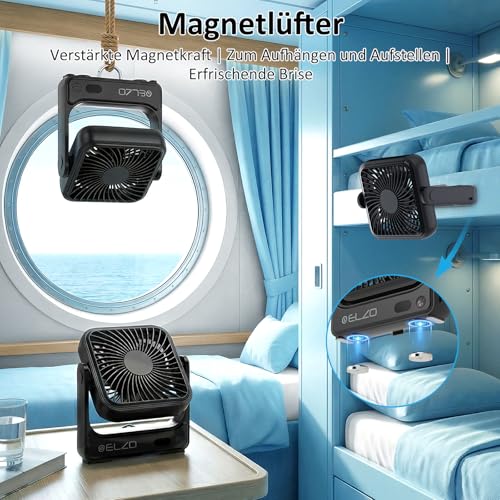 ELZO Magnetischer Reiseventilator kreuzfahrtgeeignet, 5000mAh wiederaufladbar tragbar, 4 Geschwindigkeiten leiser Betrieb mit Haken für Schiffskabine, Reiseutensilien 2026 für Decke und Wand – Bild 2