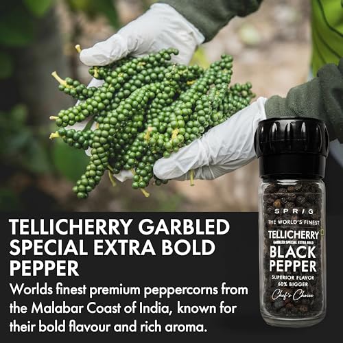 Image of Sprig World's Finest Black Pepper 50g | Expensive But Authentic | Superior Flavour | 60% Bigger | Chef's Choice | Tellicherry Garbled Special Extra Bold Grade | For Cooking, Seasoning & Finishing