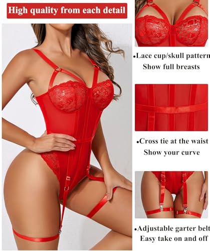 Image of SSoShHub Women Lingerie Set Lace Teddy Strap Babydoll Bodysuit Bikini with Garter Belt One Piece Lingerie Strappy Lingerie