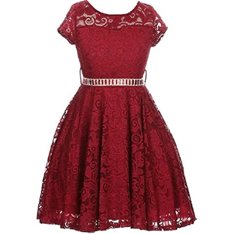 BluNight Collection Little Girl Cap Sleeve Lace Skater Stone Belt Flower Girls Dresses - Red - 18 Cover