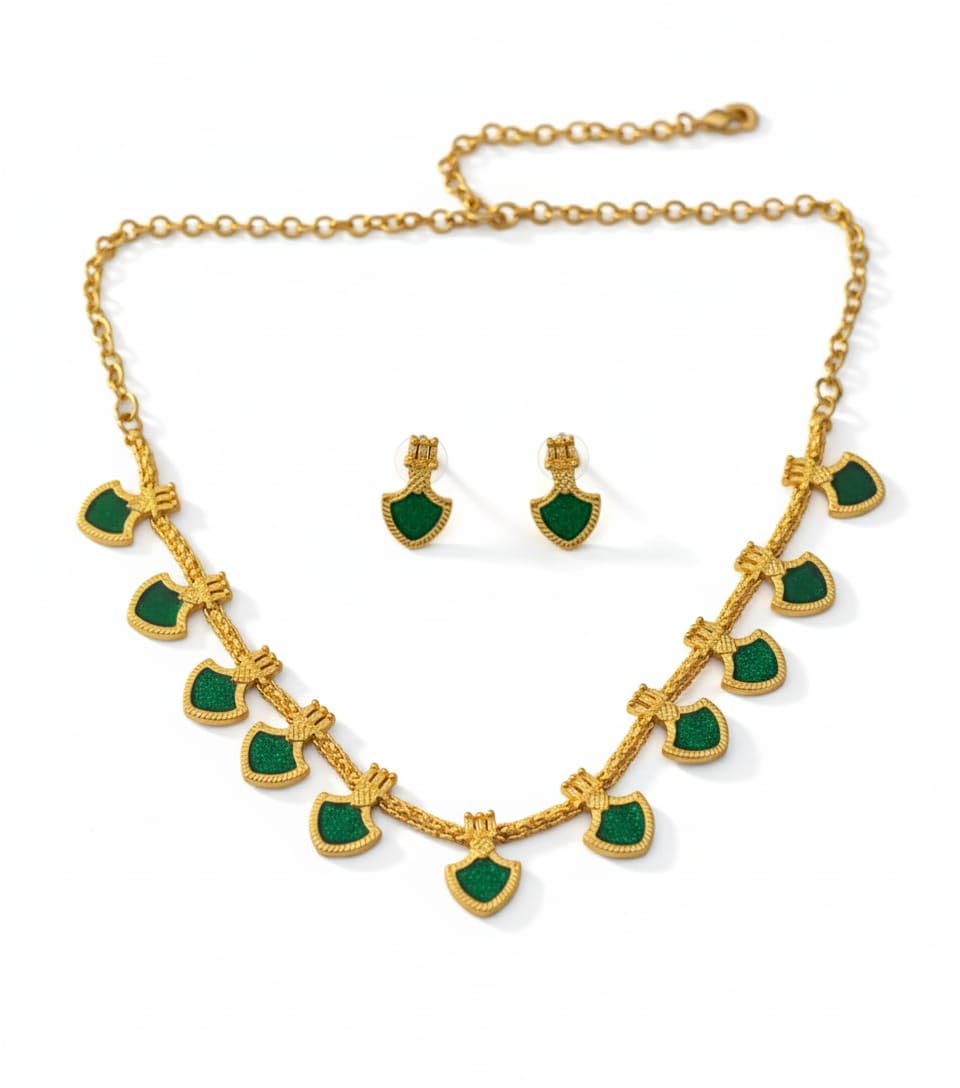 Traditional new Palakka Necklace Jewellery Set for Women | Green Stone Design, Gold Plated Temple Jewelry with Matching Earrings | Ethnic Kerala Style Bridal Accessory-image-40