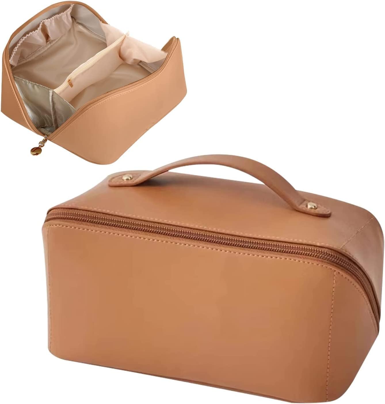 Nnewvante Large Capacity Travel Cosmetic Bag, Multifunctional Storage Makeup Bag PU Leather Makeup Bag with Handle and Divider Travel Cosmetic Bag for Women (Bronze)