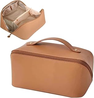 Necomi Large-Capacity Travel Cosmetic Bag | Leather Makeup Bag | Waterproof Portable Cosmetic Bag | Multifunctional Storage Makeup Bag | Travel Cosmetic Bag (Brown)