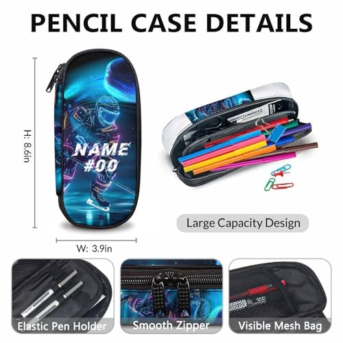 Kids Boys Backpack, Custom Hockey Backpacks, Cool Sports Backpack Lunch Box, Set of 3 Custom Ice Hockey Schoolbag for Boys Girls, 17 Inch Student Bookbag and Pencil Case Bundle for Travel School4