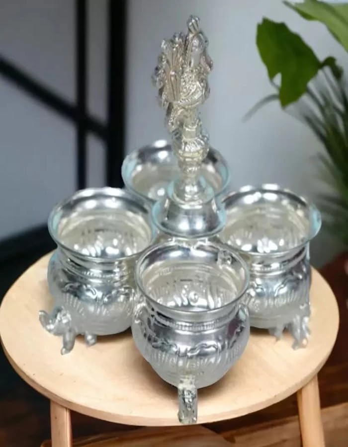 Sigaram German Silver 4-Cup Panchwala with Peacock Handle Kum Kum Cup for Temple, and Home Pooja Decor K4002