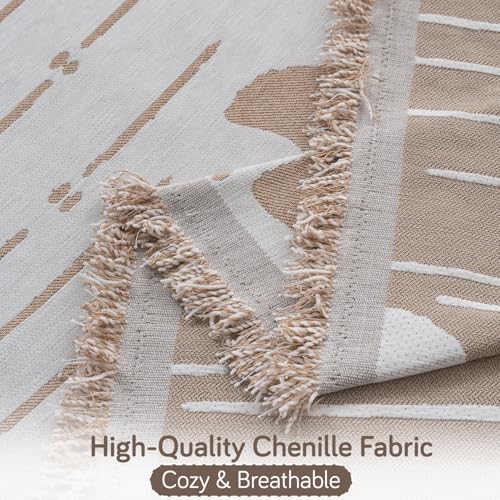 Image of HOKIPO Printed 320 GSM Chenille Sofa Cover Throw Blanket for 2 Seater Sofa - All Season, 'Serene Abode Series' Beige Ginkgo Lines (180x250 cm) (AR-6632-D2)