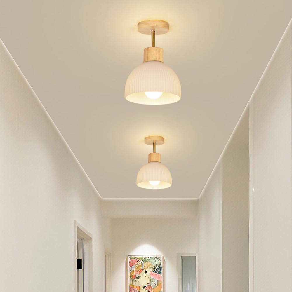 Nordic Wood Ceiling Light, Półpłaska Sufitowa, Drewniana Sufitowa Do Korytarza, Japońska Szklana Sufitowa, Mała Sufitowa Do Przedpokoju/Kolor Drewna