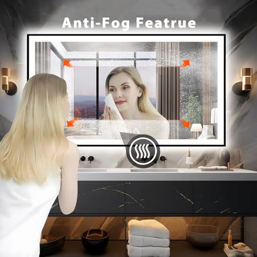 72x40 Large Light up Bathroom Mirror, Wall-Mounted LED Vanity Mirrors, Black Trim and Double Lights, 3 Colors and Stepless Dimming, Anti-Fog, Memory, Shatterproof (Horizontal/Vertical)