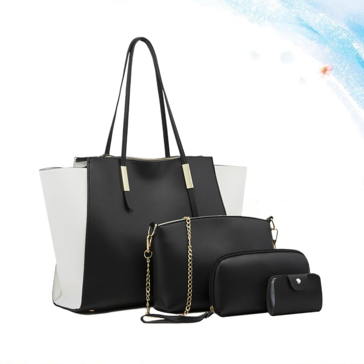 iplusmile 4 Pezzi Set Borsa Donna Raffinata Grande Capacità in Pu Nero Tre