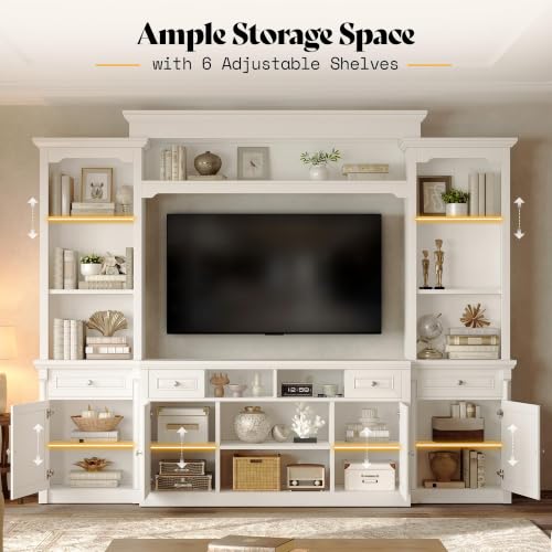 Image of AMERLIFE 102.8 inch Wall Unit Entertainment Center with Bookshelves for TVs up to 65 inch, Multifunctional TV Stand Media Console with Cabinet & Storage Drawer & Adjustable Shelf for Living Room,White