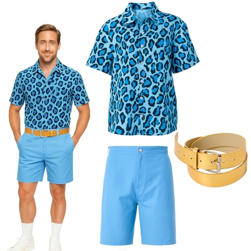 Yearntown 3 Pcs Halloween Men Costume Set Blue Tropical Shirt and Shorts with Gold Roller Buckle Belt for Movie Party(XL)