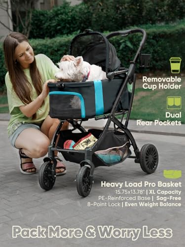 Image of Small Dog Stroller, Pet Stroller for Small Dogs, 5-in-1 Dog Strollers - Fold All in One Without Detaching Carrier, Pet Strollers with Removable Waterproof Carrier for Dogs Cats 10 lbs 20 lbs - Black