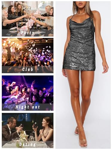 Image of MIYIEONZ Women's Sequin Sparkly Glitter Dress Sexy Sleeveless Backless Spaghetti Strap Party Club Bodycon Mini Dress