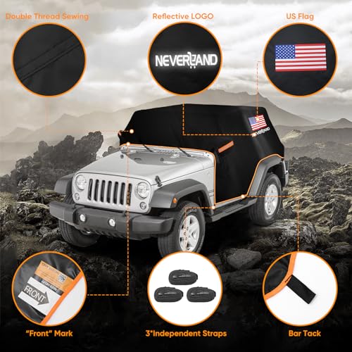 Image of Wrangler Cab Cover for 2007-2026 Jeep Wrangler JK JL 2 Door, NEVERLAND Half Car Cover Waterproof Oxford with Reflective Strip, Sun Snowproof Cab Car Cover Black