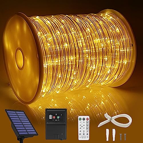 164 FT 1000 LED Rope Lights Solar Powered Waterproof String Lights 8 Modes Outdoor Tube Light Copper Wire Fairy Lights for Christmas Garden Fence Yard Party Pool Wedding Decor (1000 LED Yellow)