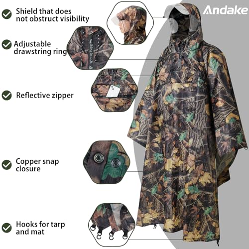 Image of Andake Waterproof Rain Poncho for Adults Unisex,230T Ripstop Polyester,Raincoat Gear with Transparent Viewing Window Outdoors